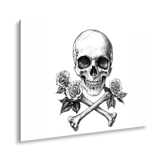 Leinwandbild XXL Totenkopf – Knochen und Rosen – Schönheit im Schatten des Todes. - deyoli