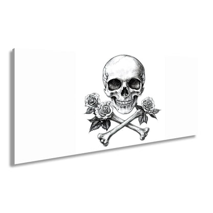 Leinwandbild XXL Totenkopf – Knochen und Rosen – Schönheit im Schatten des Todes. - deyoli