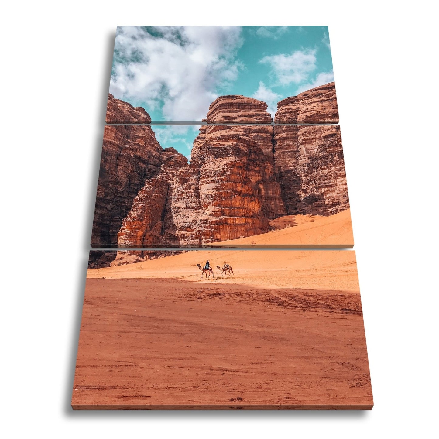 Leinwandbild XXL Wüste Kamele – Rote Felsen - deyoli