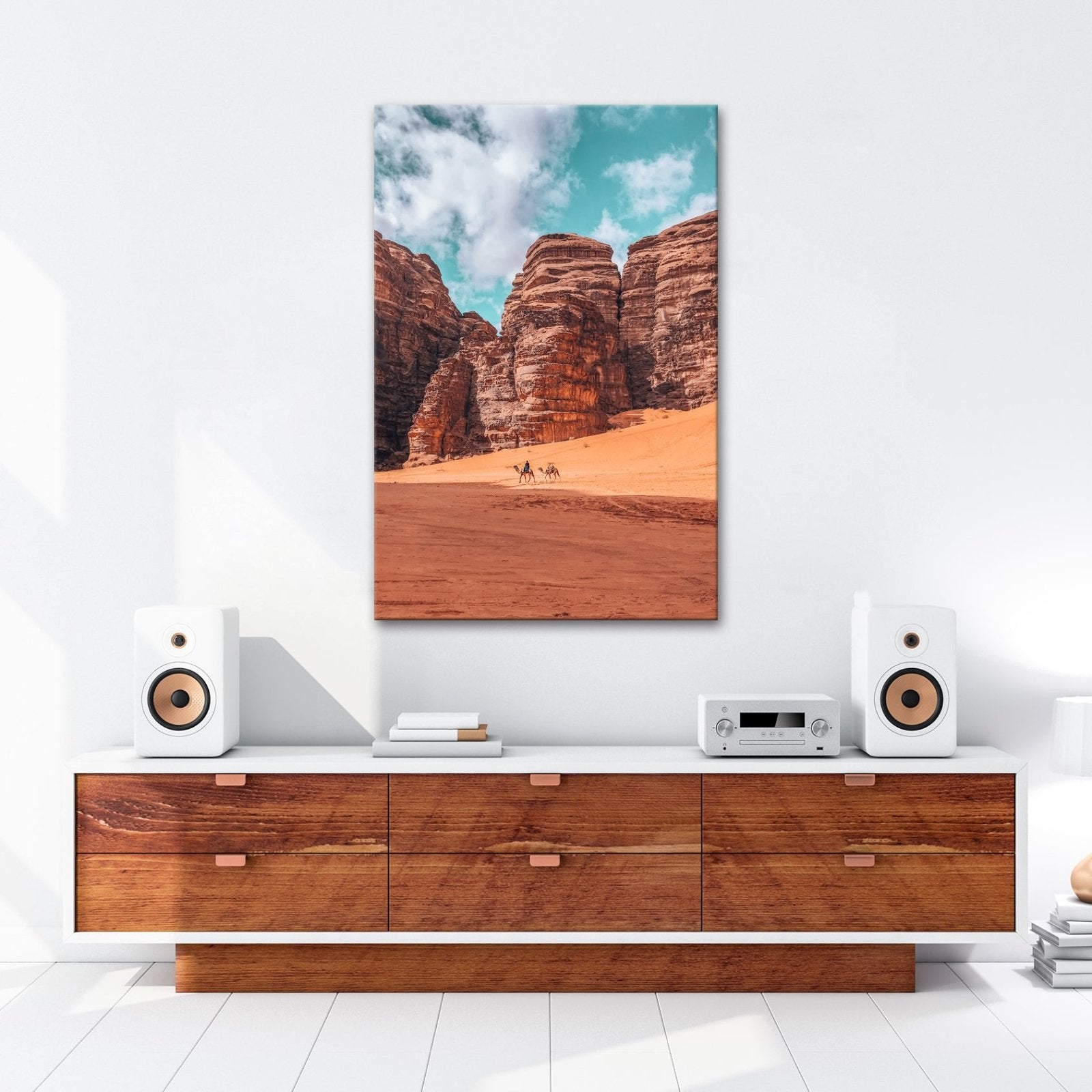 Leinwandbild XXL Wüste Kamele – Rote Felsen - deyoli