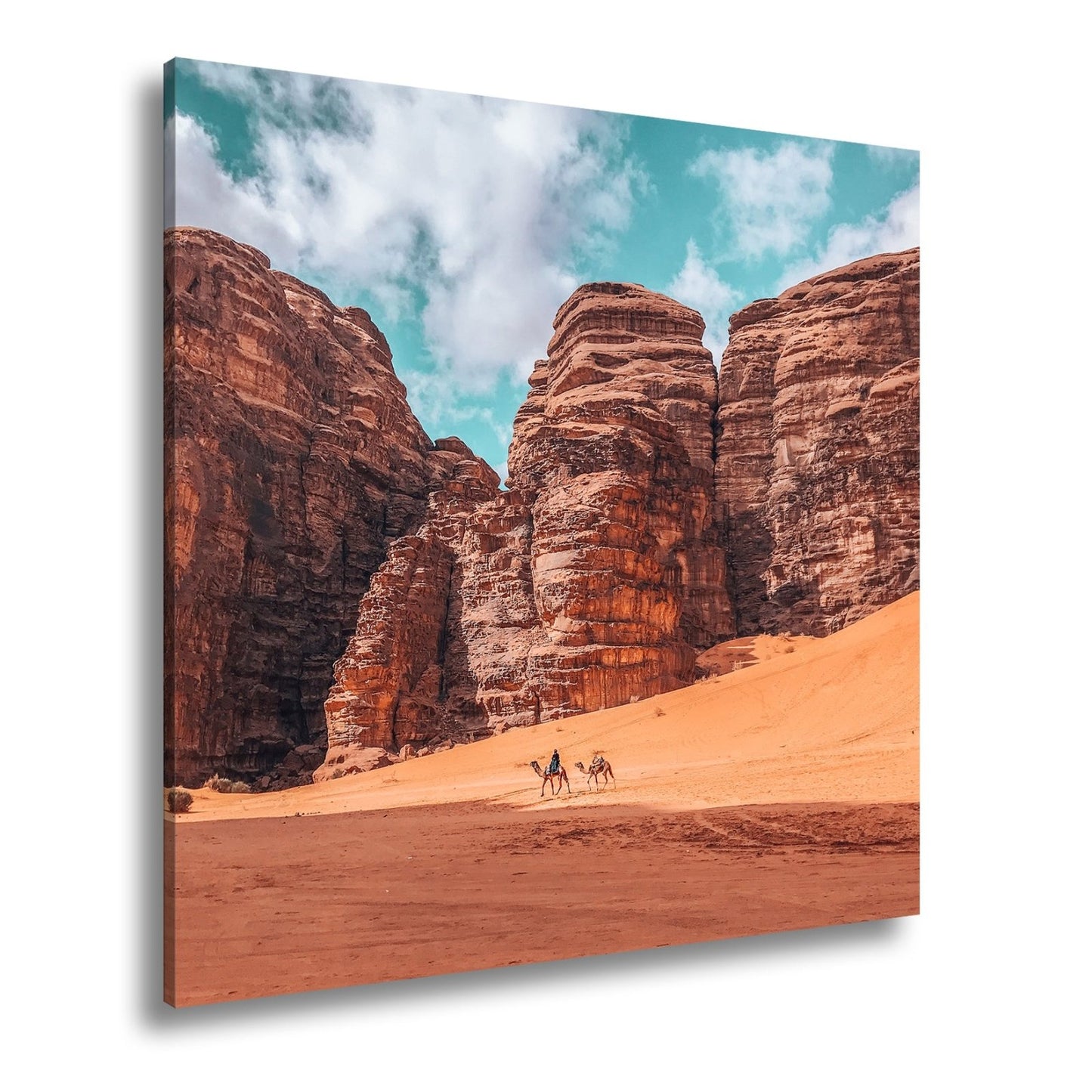 Leinwandbild XXL Wüste Kamele – Rote Felsen - deyoli