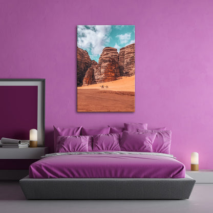 Leinwandbild XXL Wüste Kamele – Rote Felsen - deyoli