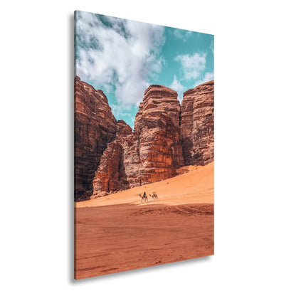 Leinwandbild XXL Wüste Kamele – Rote Felsen - deyoli