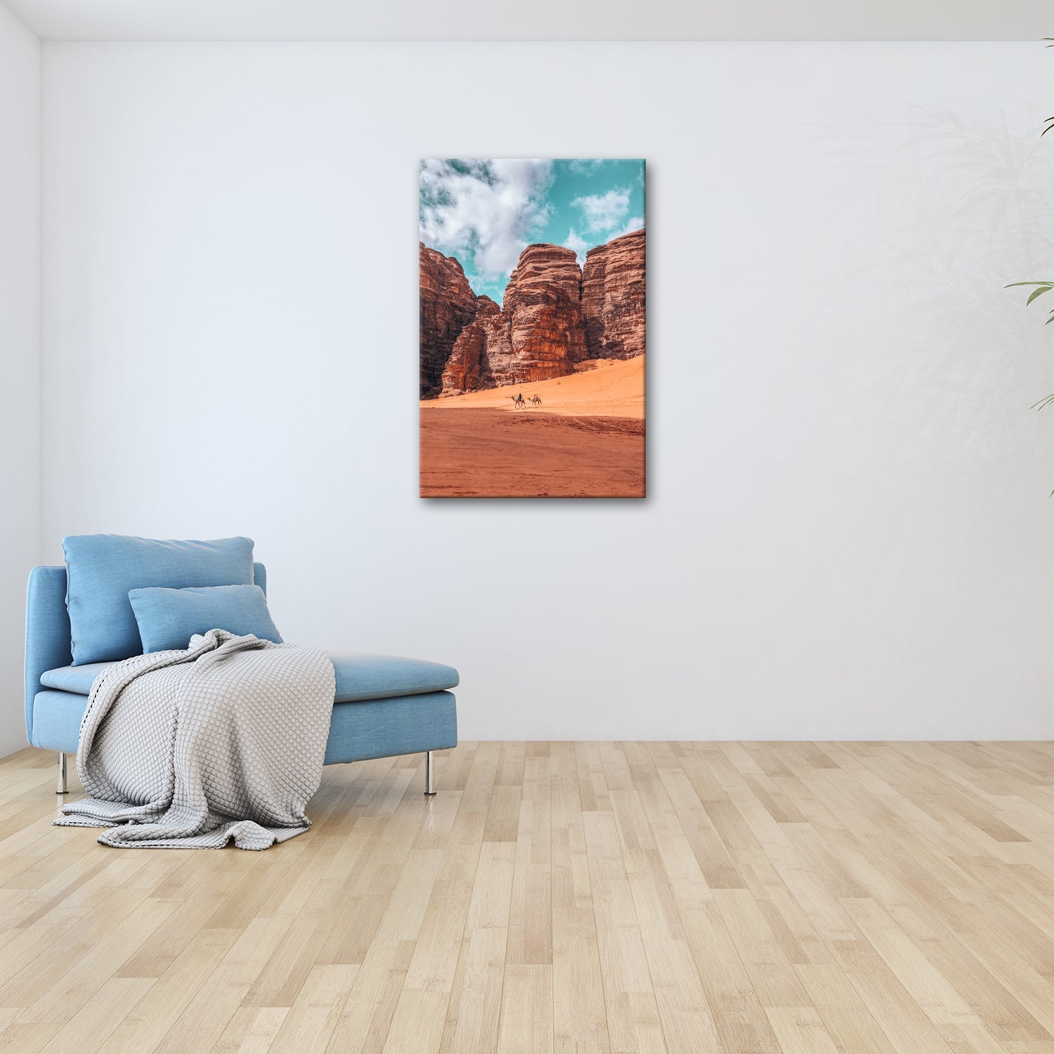 Leinwandbild XXL Wüste Kamele – Rote Felsen - deyoli
