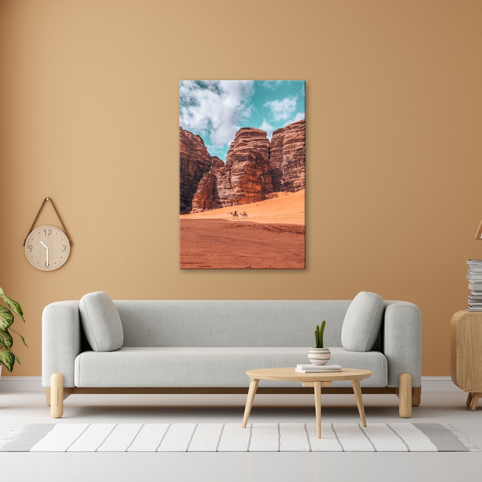 Leinwandbild XXL Wüste Kamele – Rote Felsen - deyoli
