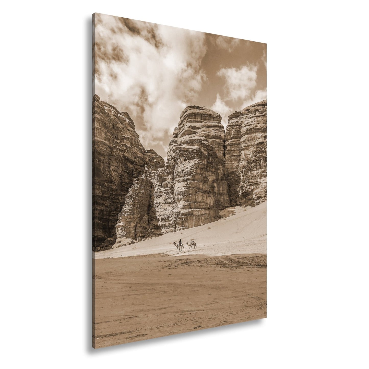 Leinwandbild XXL Wüste Kamele – Rote Felsen - deyoli
