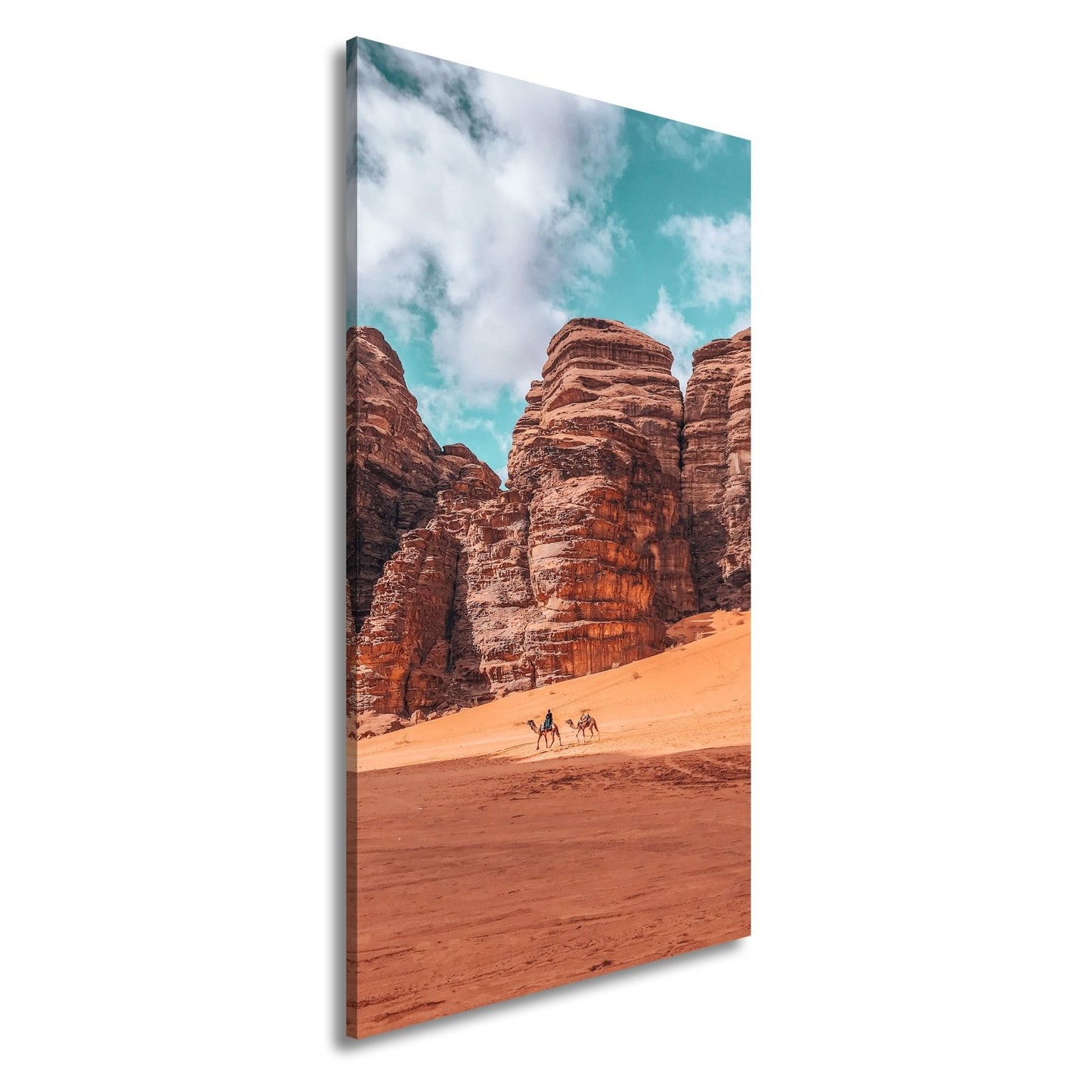Leinwandbild XXL Wüste Kamele – Rote Felsen - deyoli