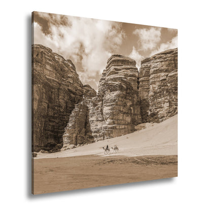 Leinwandbild XXL Wüste Kamele – Rote Felsen - deyoli