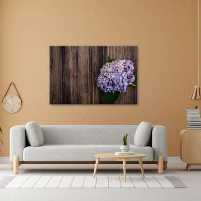 Leinwandbild Zarte Hortensie ruht in pastellfarbenem Glanz auf Holz - deyoli