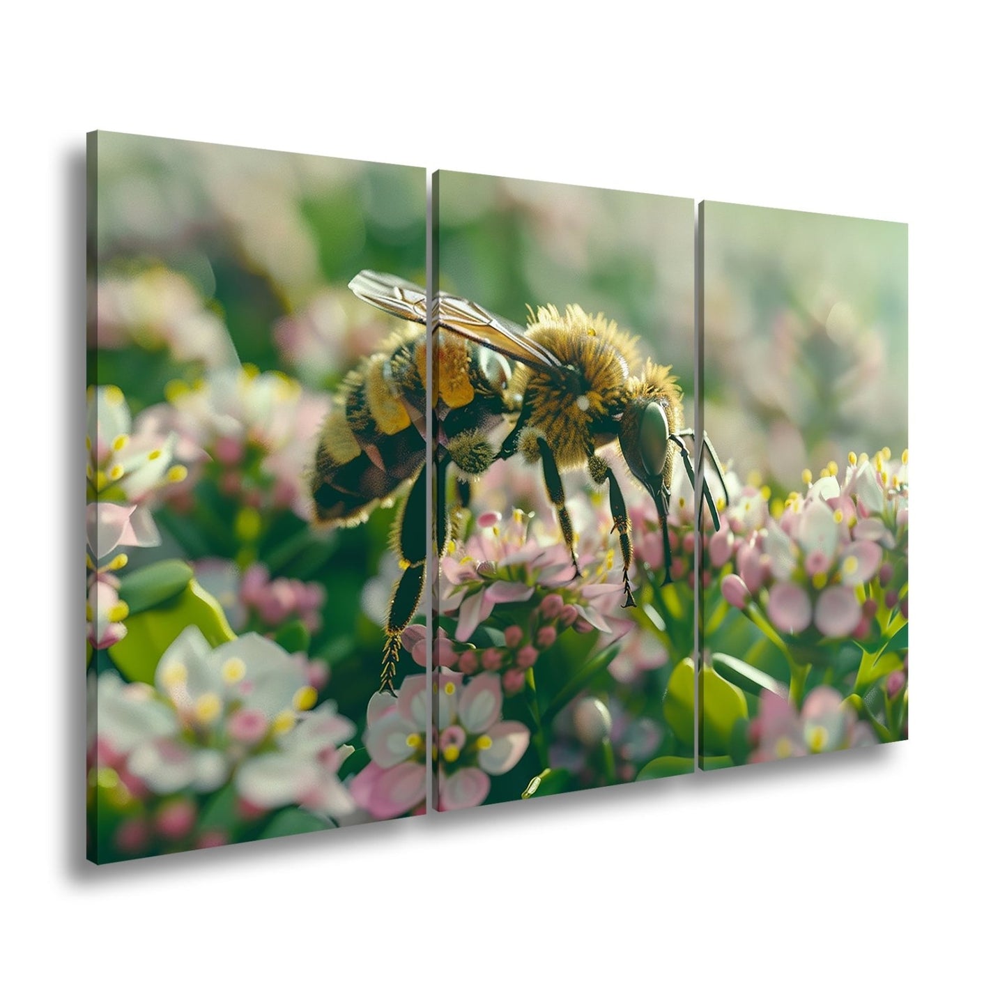Leinwandbild Zarte Kraft – Biene schwebt im Reich der Frühlingsblüten - deyoli
