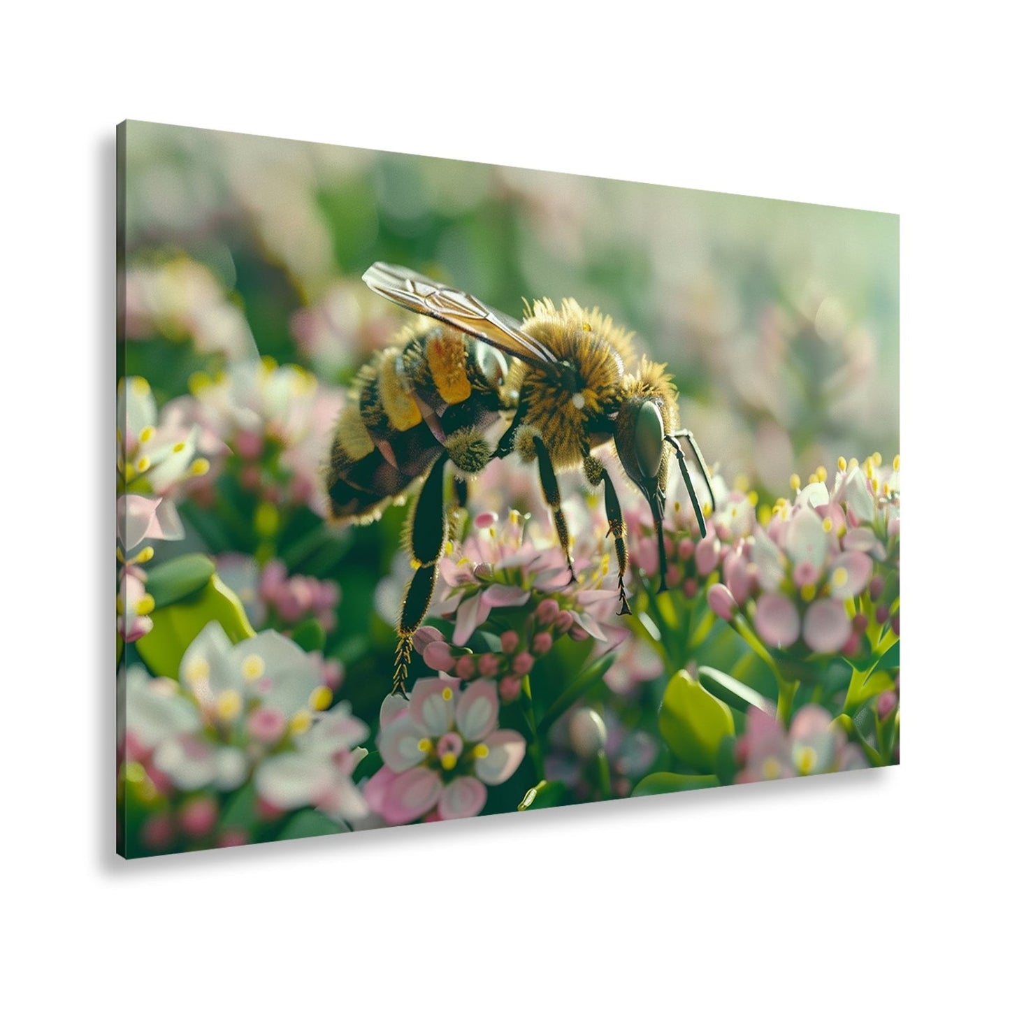 Leinwandbild Zarte Kraft – Biene schwebt im Reich der Frühlingsblüten - deyoli
