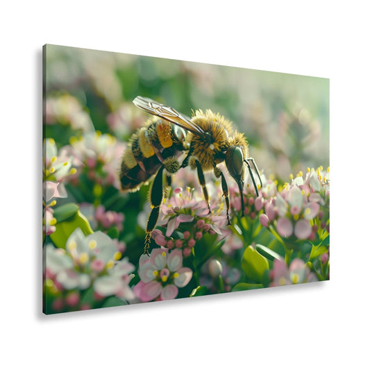 Leinwandbild Zarte Kraft – Biene schwebt im Reich der Frühlingsblüten - deyoli