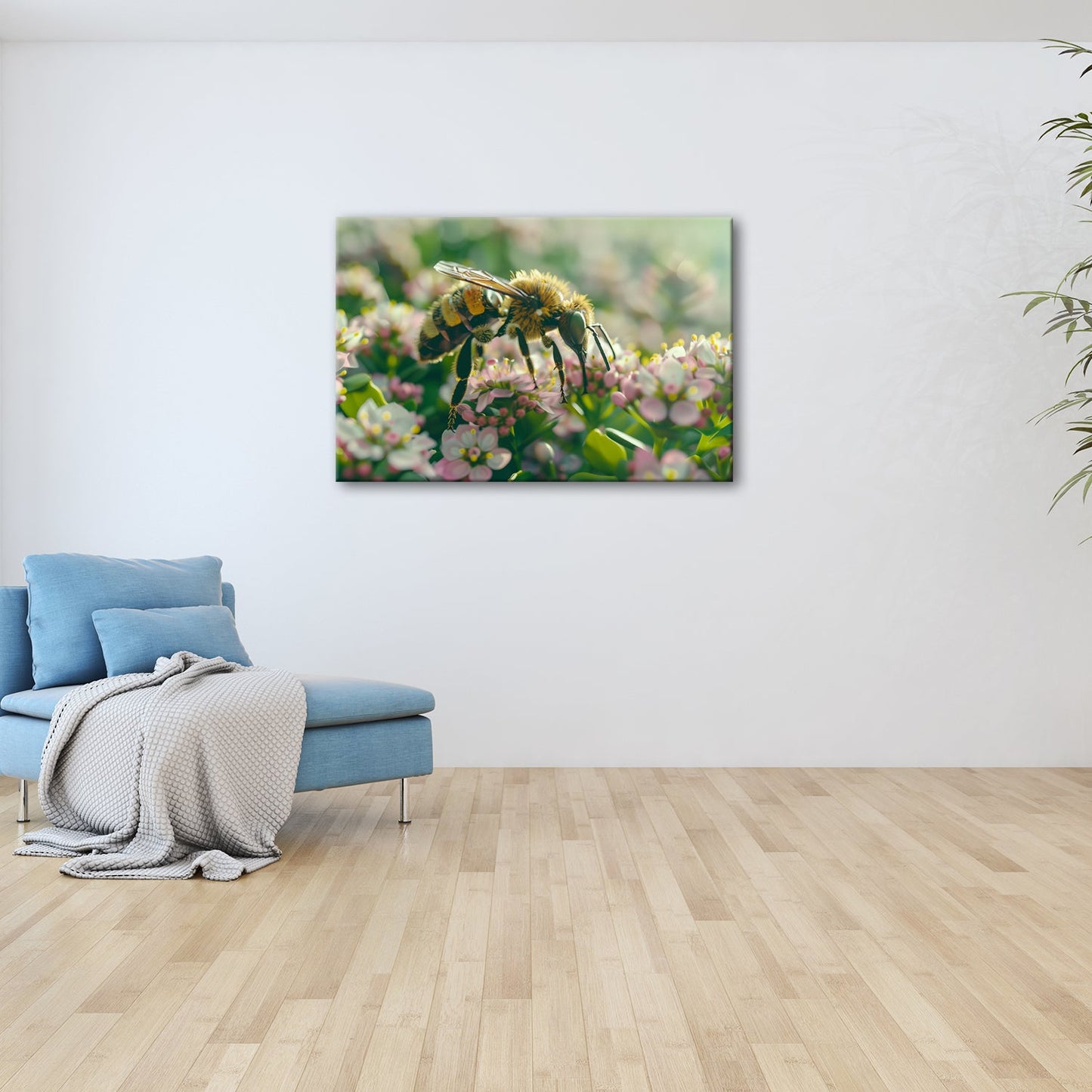Leinwandbild Zarte Kraft – Biene schwebt im Reich der Frühlingsblüten - deyoli
