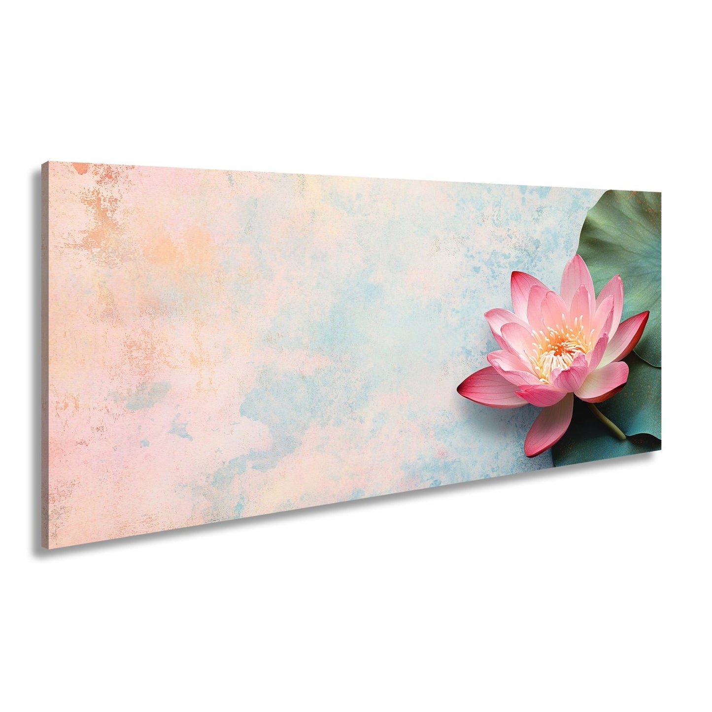 Leinwandbild Zarte Lotusblüte ruht auf pastellfarbenem Wassergrund. - deyoli