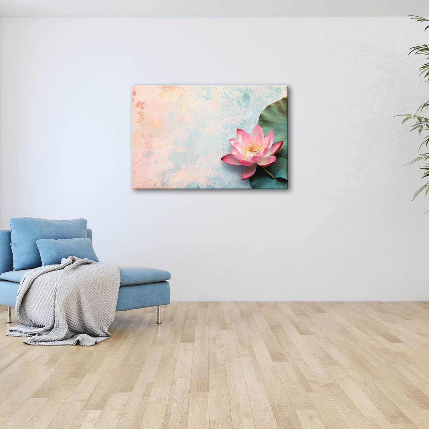 Leinwandbild Zarte Lotusblüte ruht auf pastellfarbenem Wassergrund. - deyoli