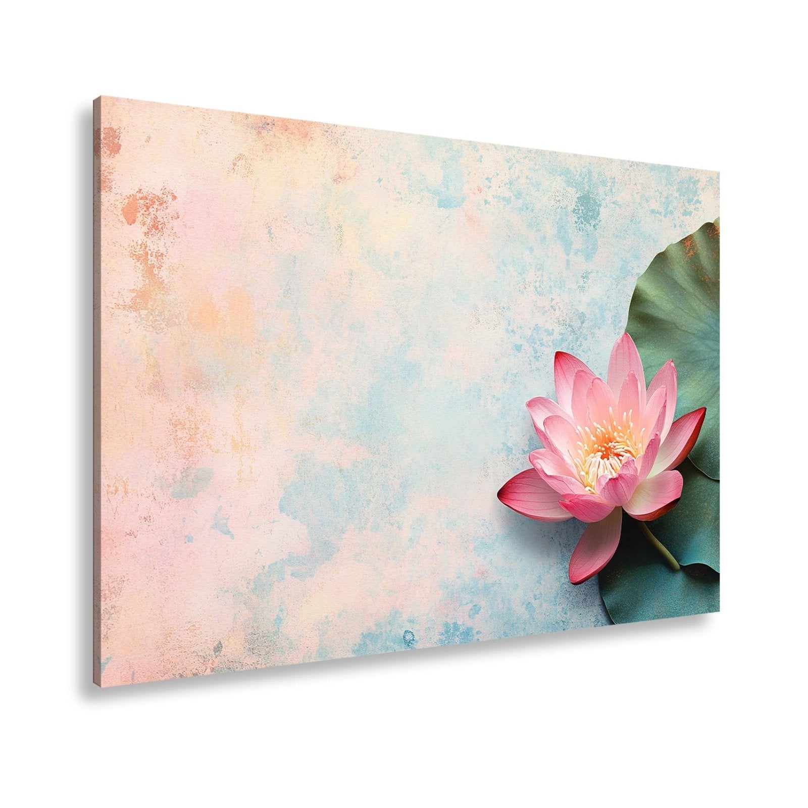 Leinwandbild Zarte Lotusblüte ruht auf pastellfarbenem Wassergrund. - deyoli