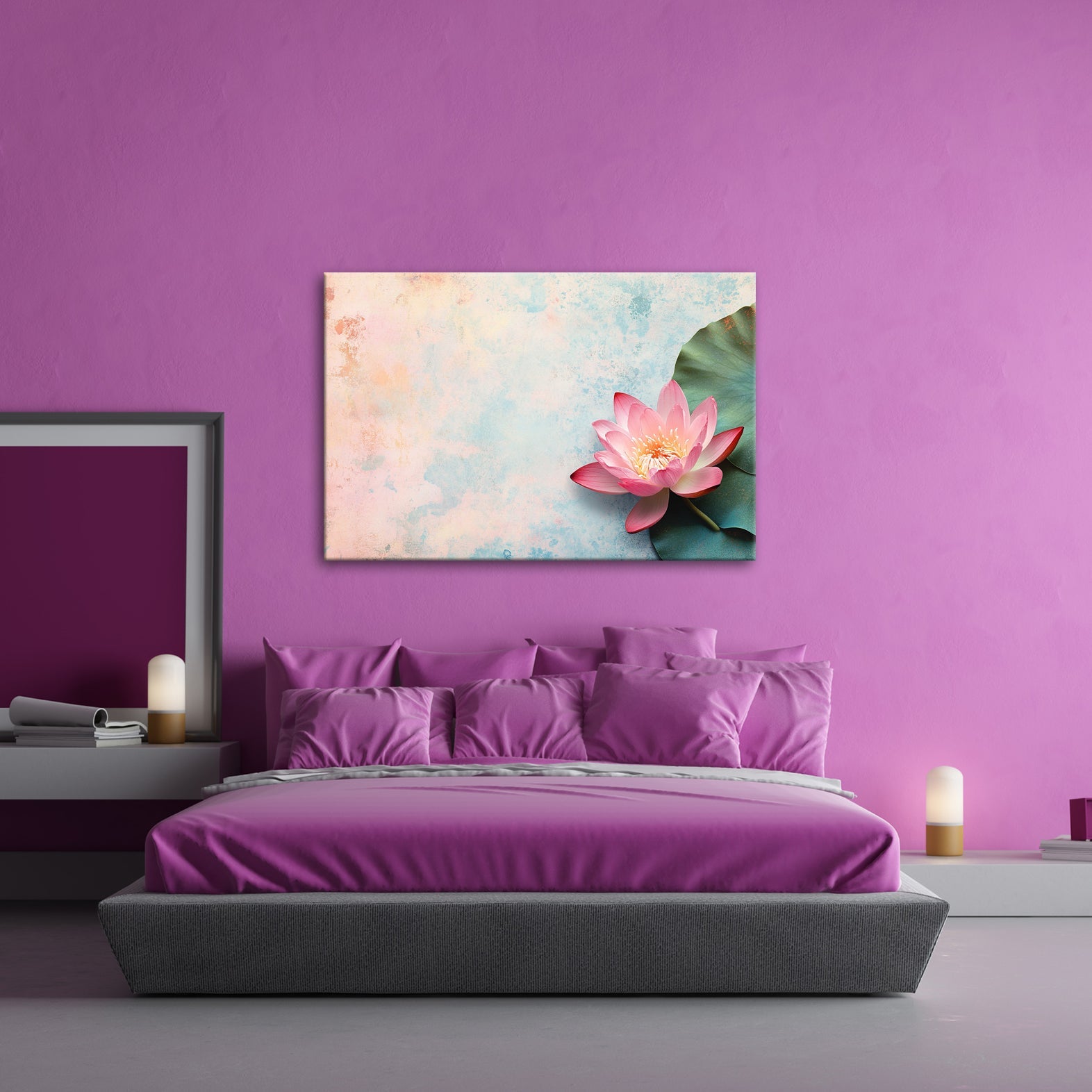 Leinwandbild Zarte Lotusblüte ruht auf pastellfarbenem Wassergrund. - deyoli