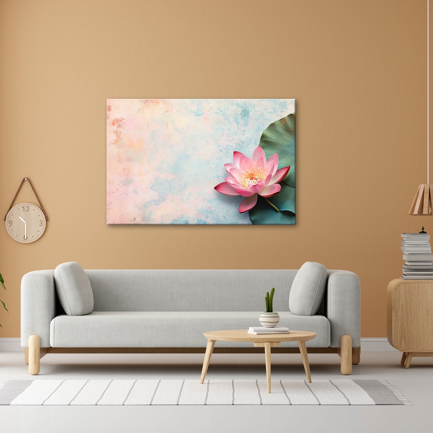 Leinwandbild Zarte Lotusblüte ruht auf pastellfarbenem Wassergrund. - deyoli