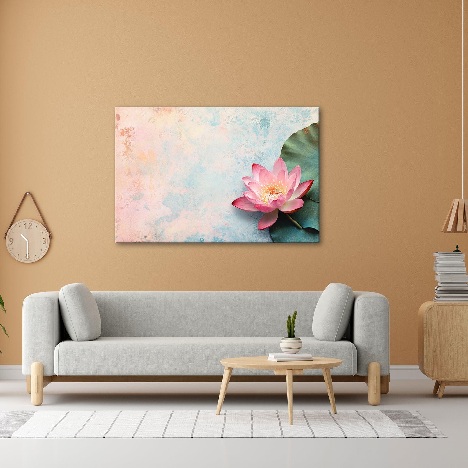 Leinwandbild Zarte Lotusblüte ruht auf pastellfarbenem Wassergrund. - deyoli