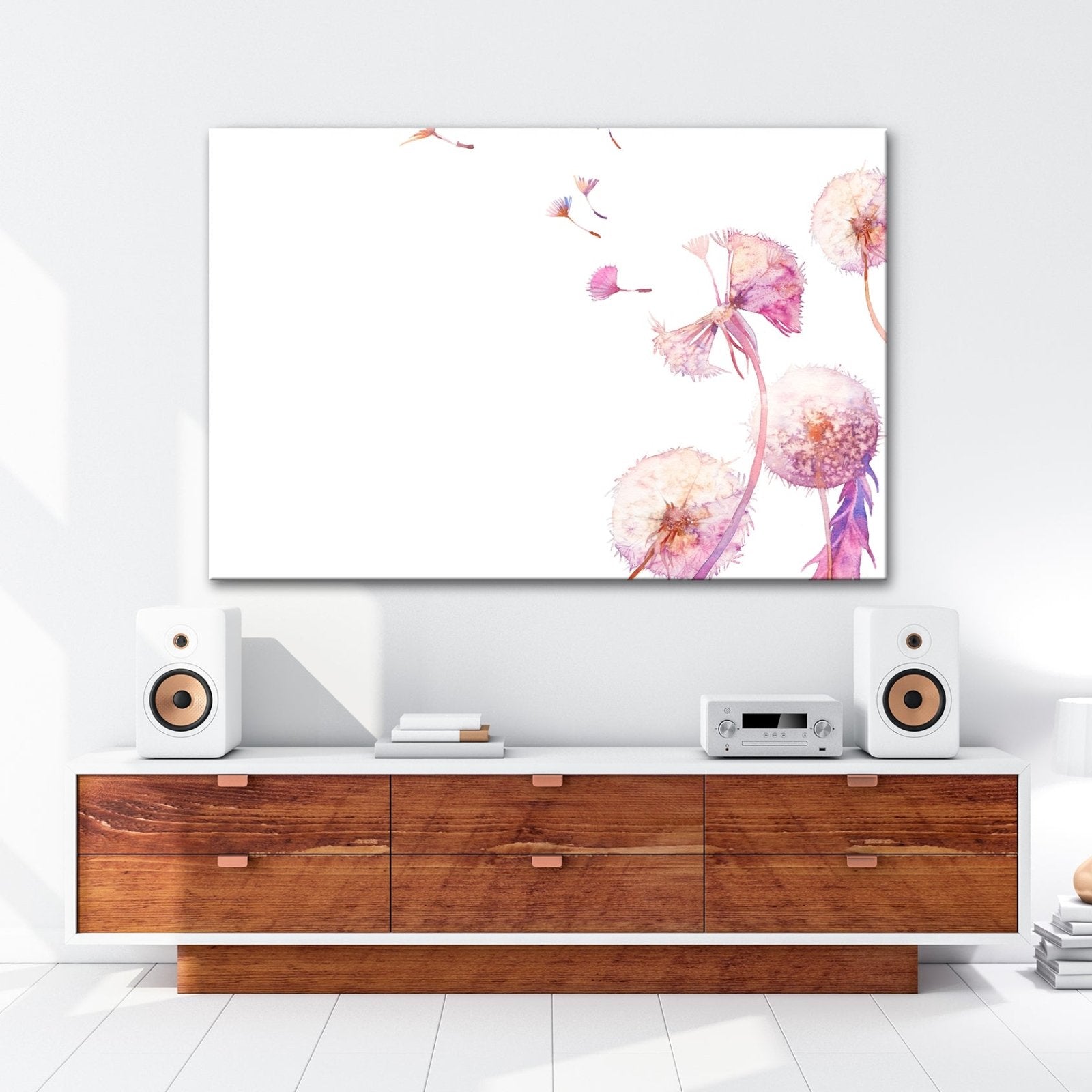Leinwandbild Zarte Pusteblumen tanzen im Hauch der Aquarellträume. - deyoli
