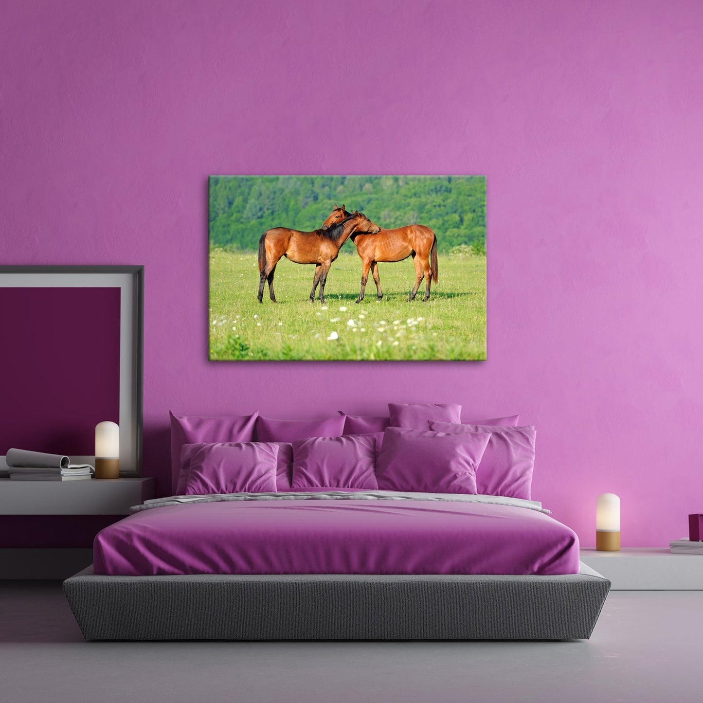 Leinwandbild Zärtliche Pferdeliebe in sommerlicher Wiesenruhe - deyoli