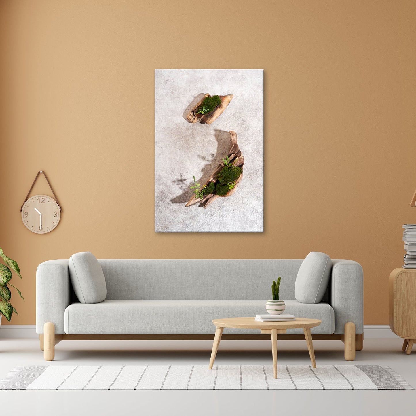 Leinwandbild Zen trifft Design – Moosgarten auf Treibholz. - deyoli
