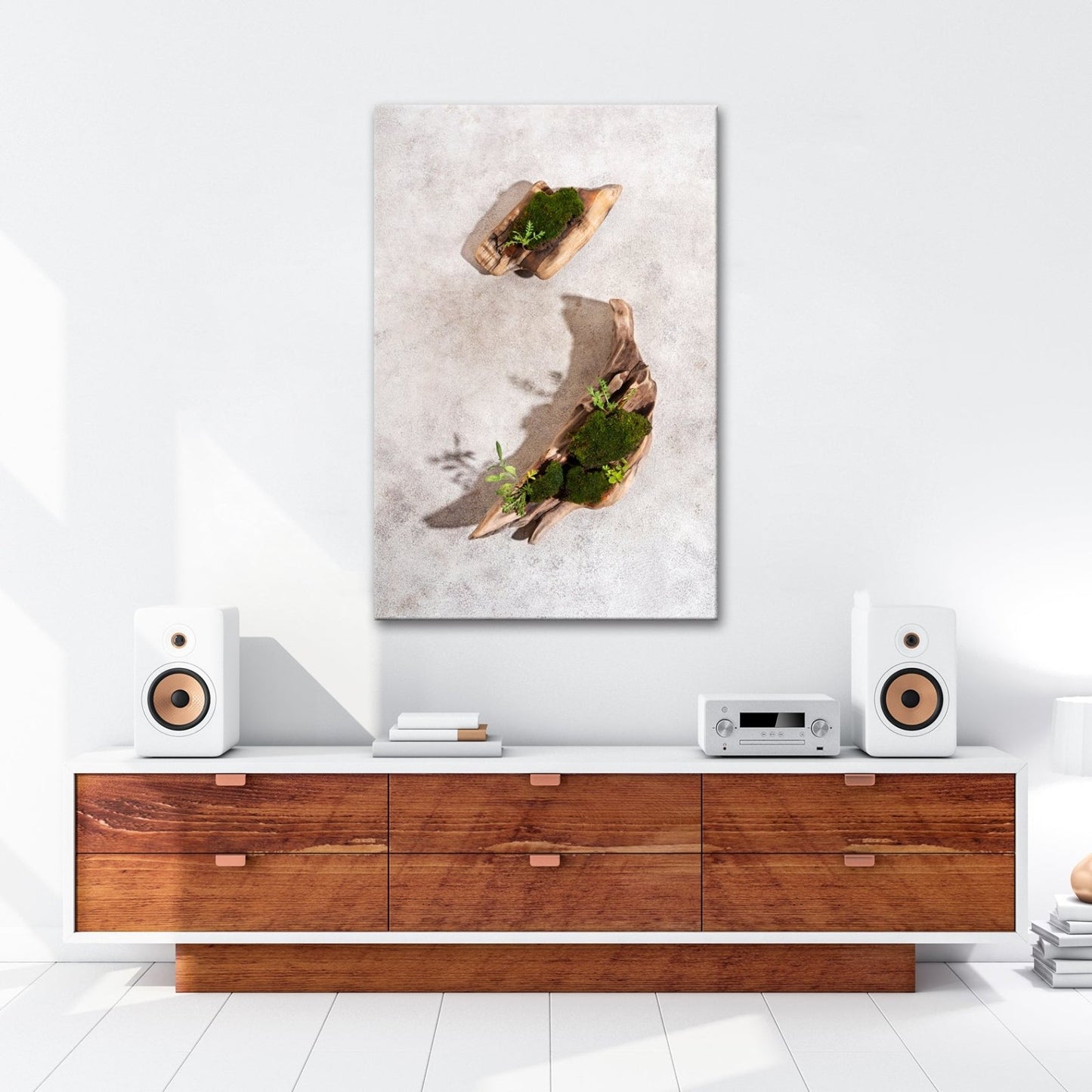 Leinwandbild Zen trifft Design – Moosgarten auf Treibholz. - deyoli