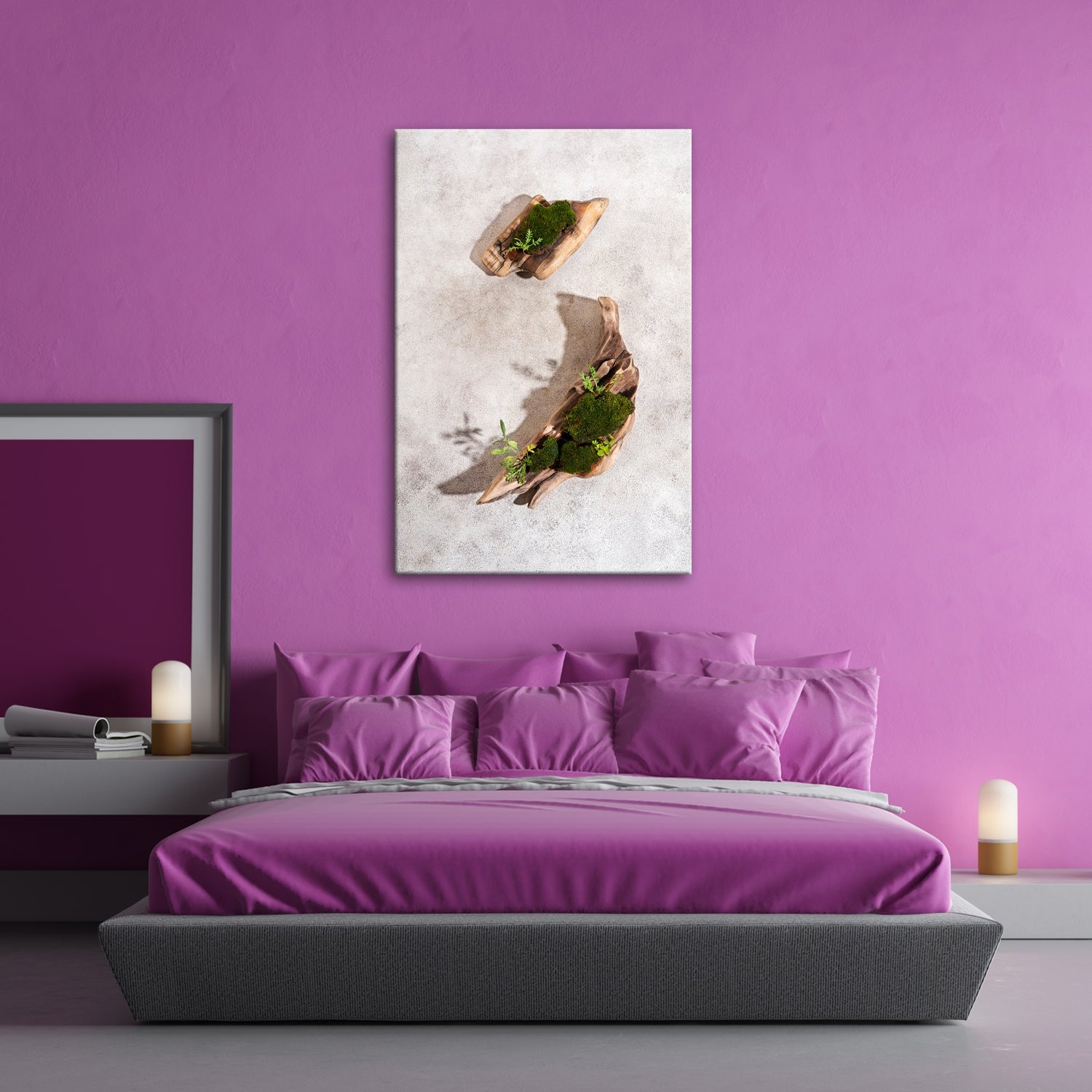 Leinwandbild Zen trifft Design – Moosgarten auf Treibholz. - deyoli
