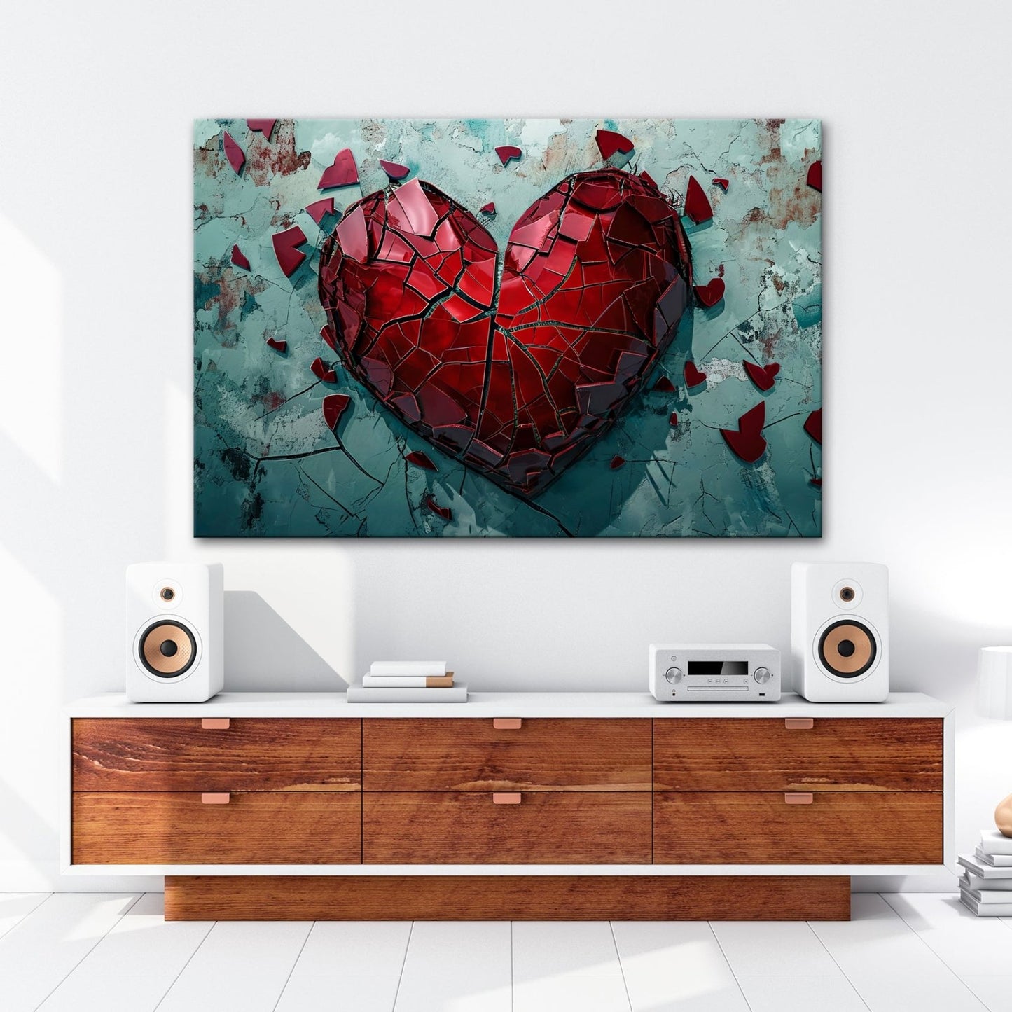 Leinwandbild Zerborstenes Herz – Schmerz gemalt in Glas und Wand. - deyoli
