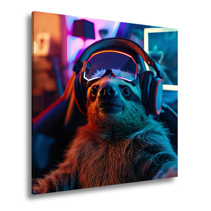 Leinwandbild Zocker - Faultier – entspannt im Neonlicht des Spiels. - deyoli