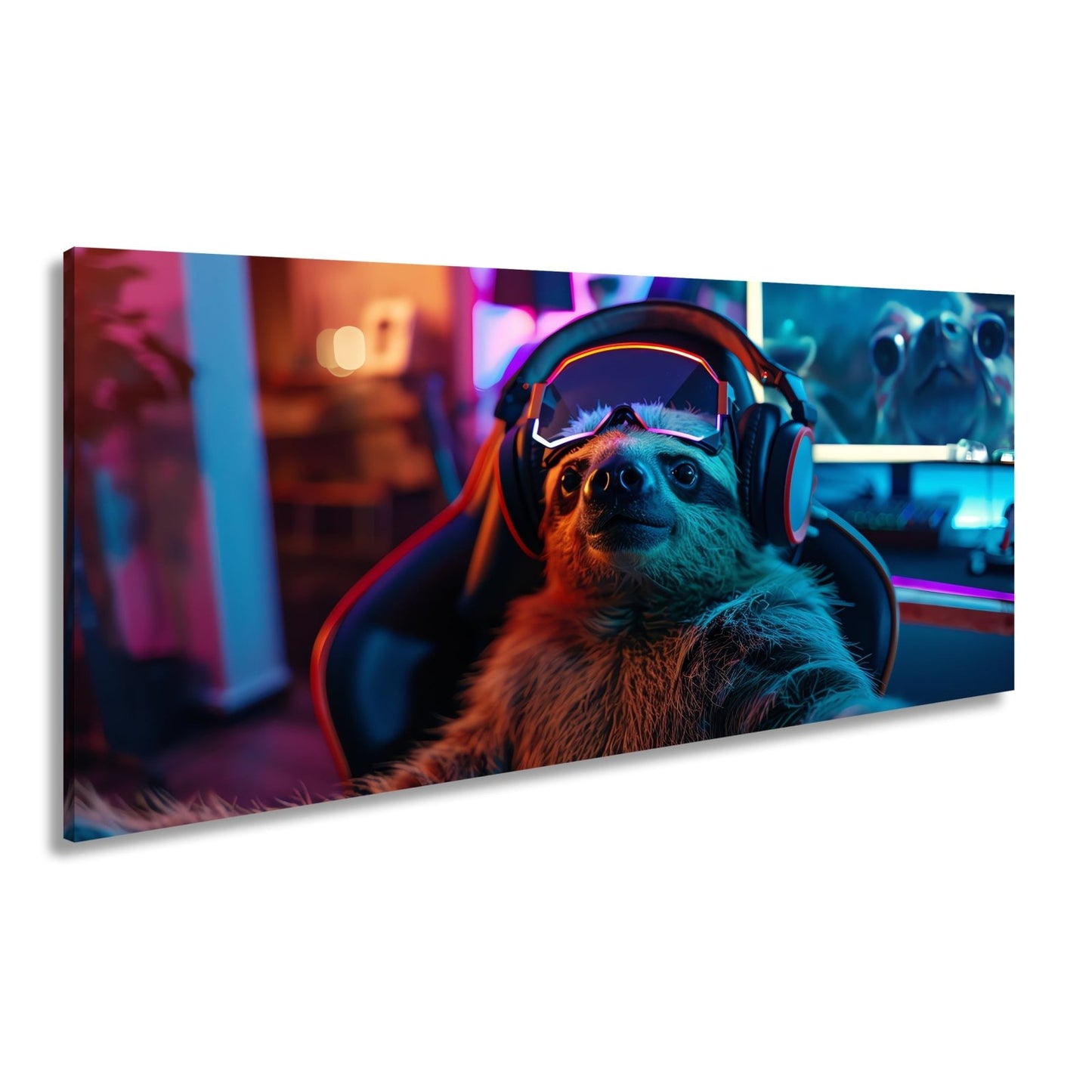 Leinwandbild Zocker - Faultier – entspannt im Neonlicht des Spiels. - deyoli