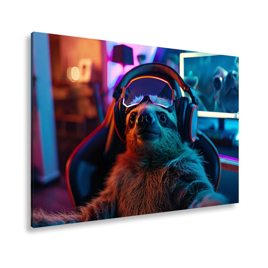 Leinwandbild Zocker - Faultier – entspannt im Neonlicht des Spiels. - deyoli