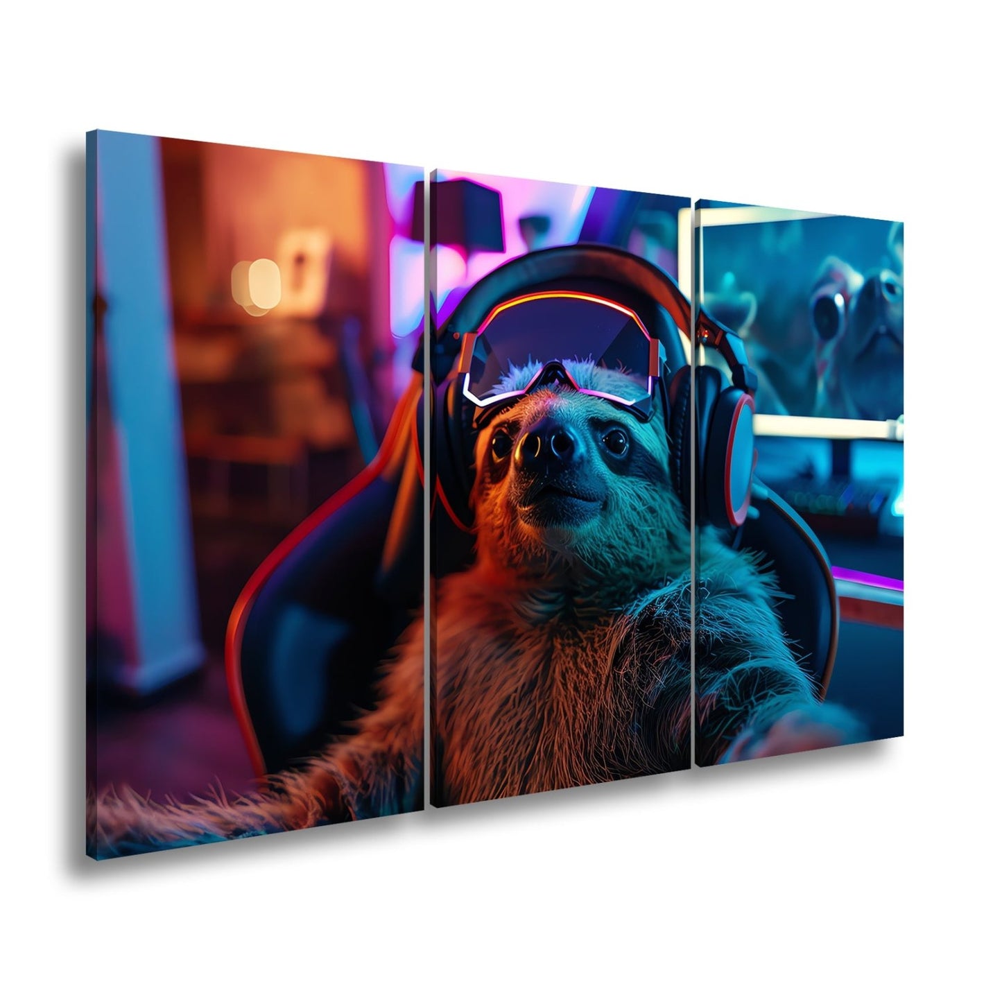 Leinwandbild Zocker - Faultier – entspannt im Neonlicht des Spiels. - deyoli