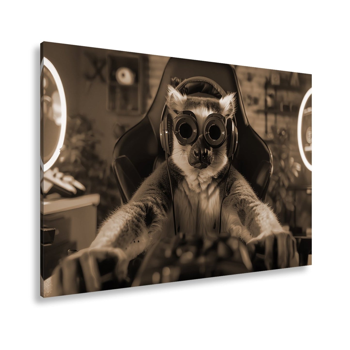 Leinwandbild Zocker mit Stil – Lemur im Hightech - Gear an der Tastatur. - deyoli