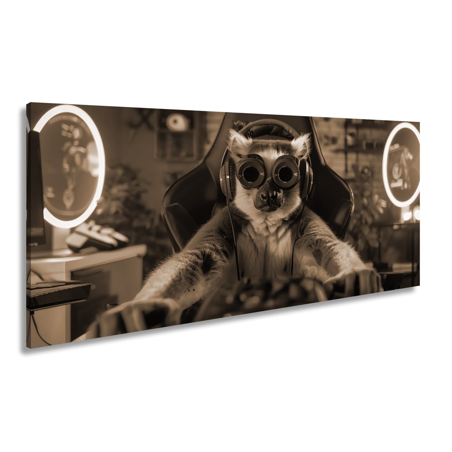 Leinwandbild Zocker mit Stil – Lemur im Hightech - Gear an der Tastatur. - deyoli