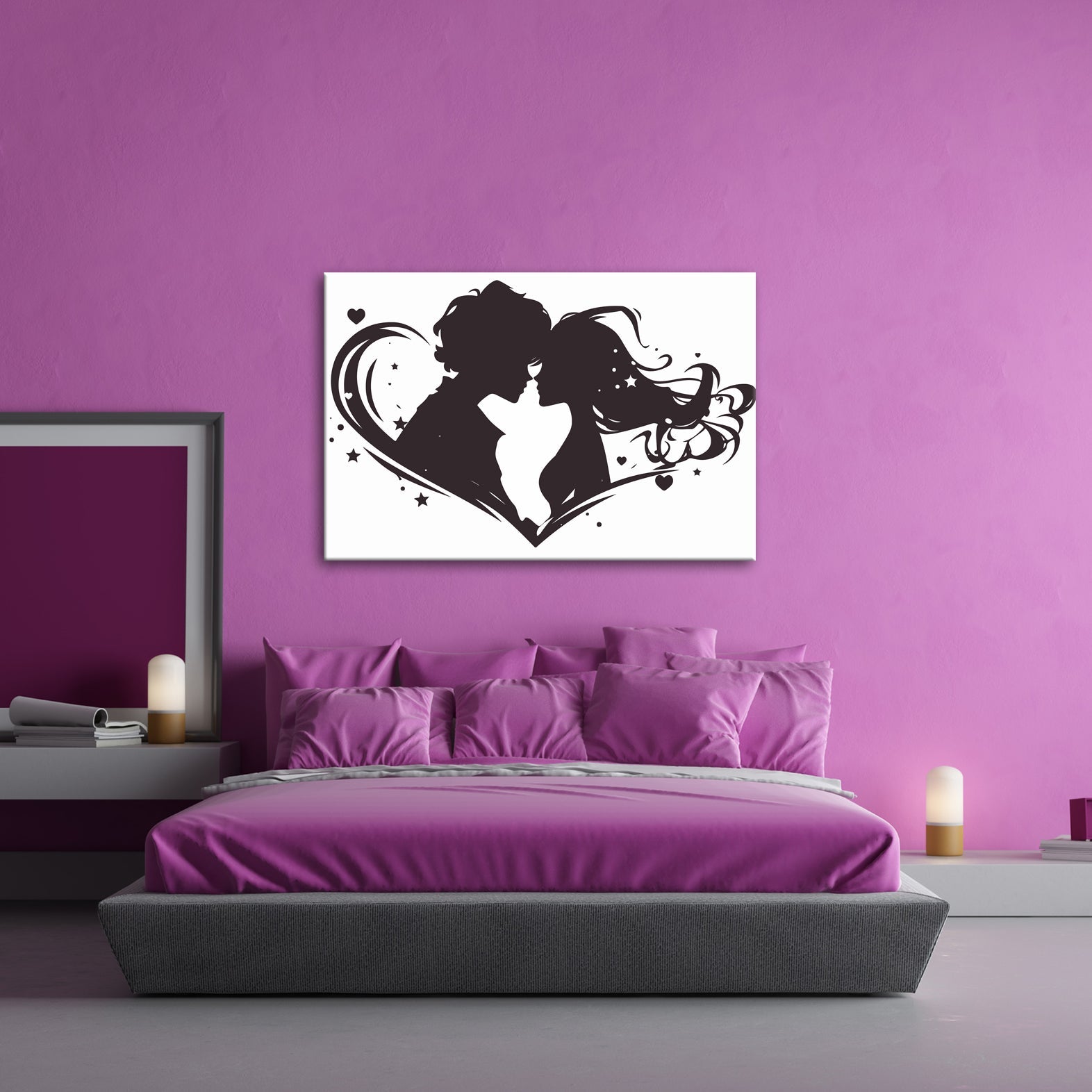 Leinwandbild Zwei Liebende als Silhouette im Wirbel eines herzförmigen Motivs - deyoli