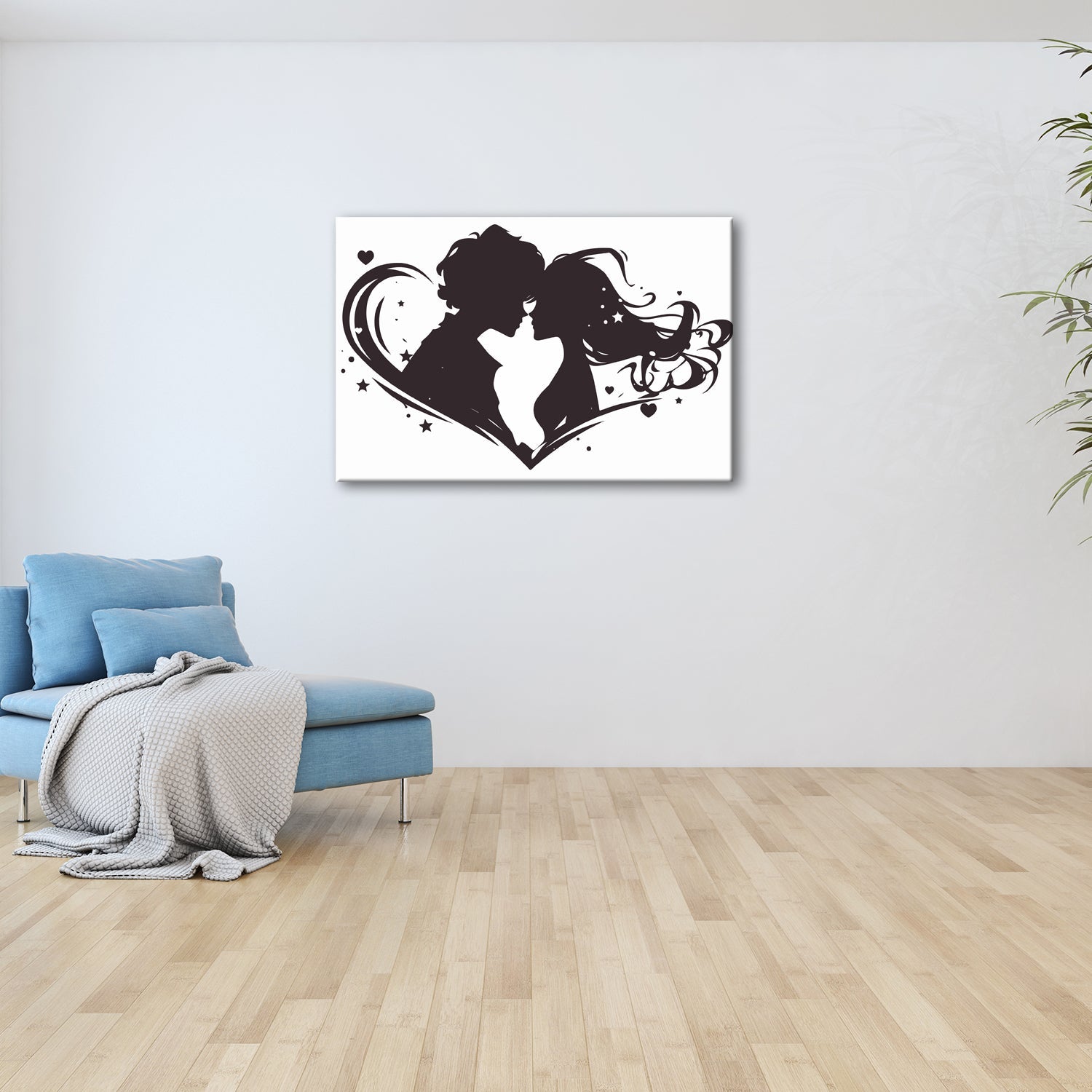 Leinwandbild Zwei Liebende als Silhouette im Wirbel eines herzförmigen Motivs - deyoli
