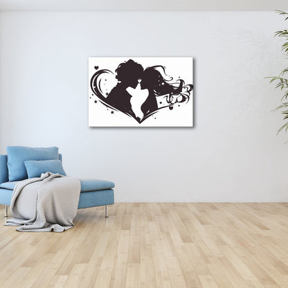 Leinwandbild Zwei Liebende als Silhouette im Wirbel eines herzförmigen Motivs - deyoli