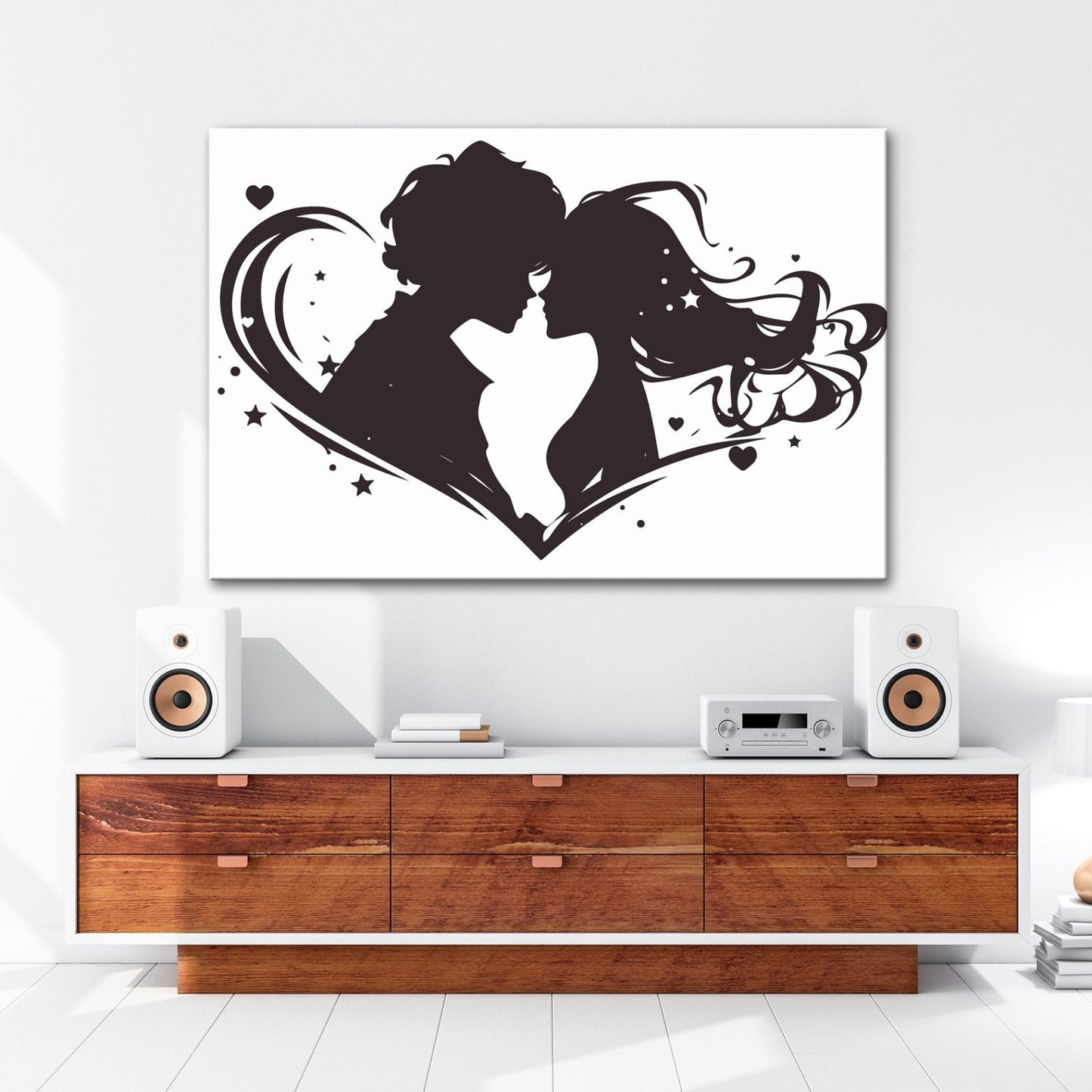 Leinwandbild Zwei Liebende als Silhouette im Wirbel eines herzförmigen Motivs - deyoli