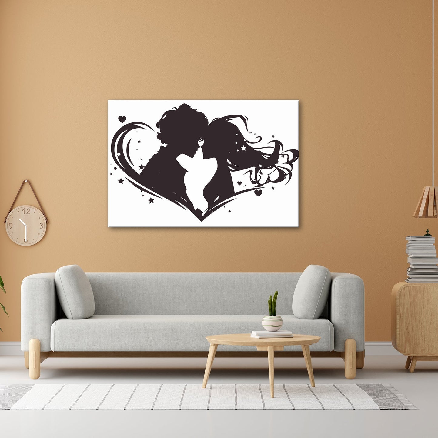 Leinwandbild Zwei Liebende als Silhouette im Wirbel eines herzförmigen Motivs - deyoli
