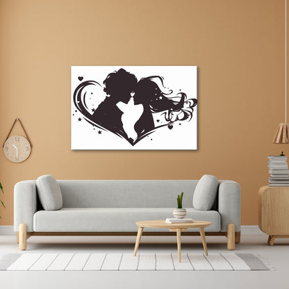 Leinwandbild Zwei Liebende als Silhouette im Wirbel eines herzförmigen Motivs - deyoli