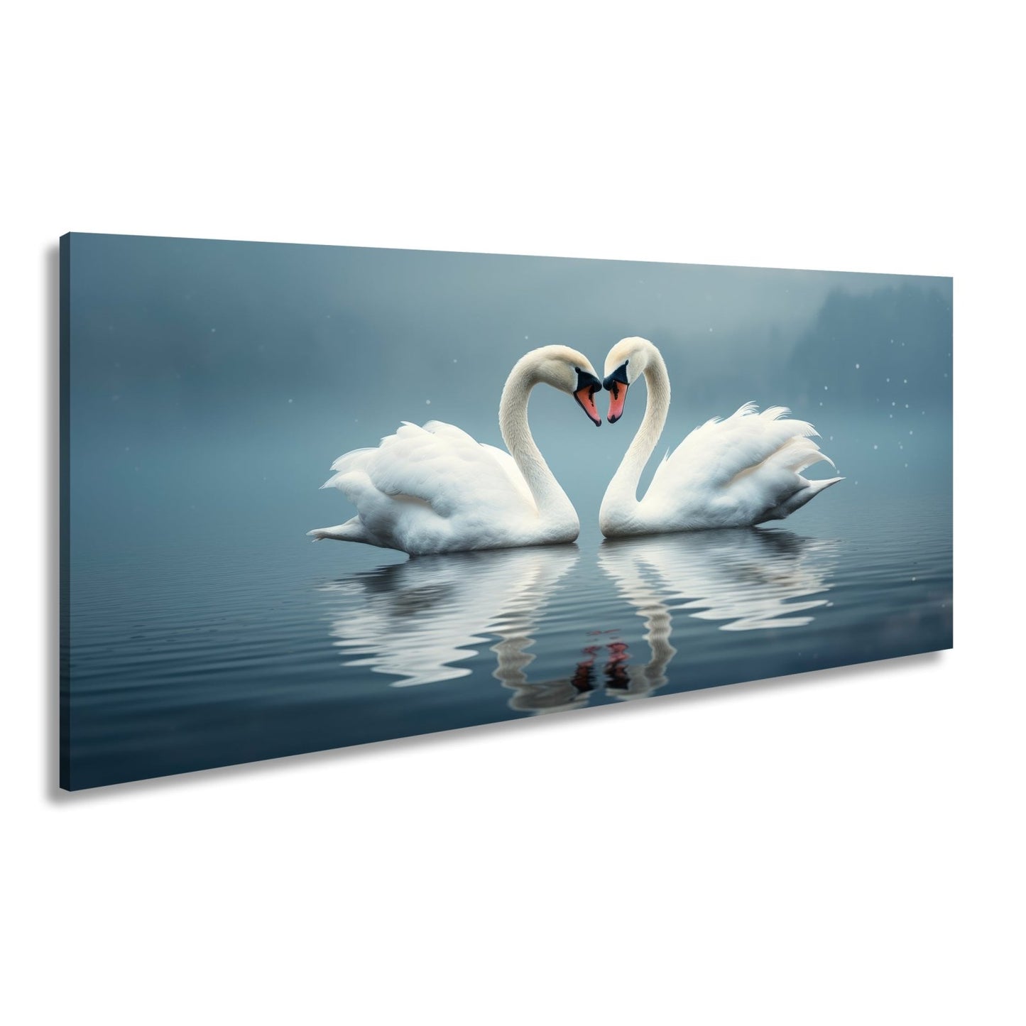 Leinwandbild Zwei Schwäne spiegeln Liebe im stillen, blauen Morgen. - deyoli