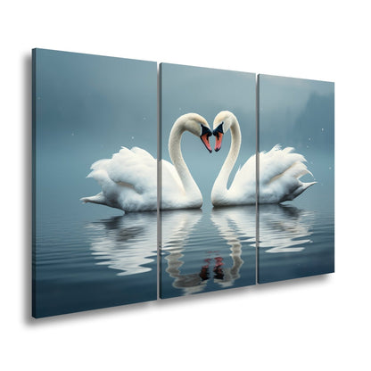 Leinwandbild Zwei Schwäne spiegeln Liebe im stillen, blauen Morgen. - deyoli