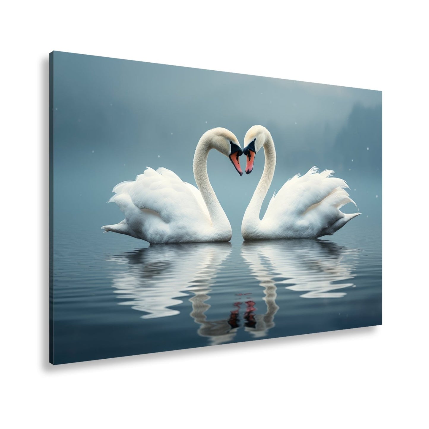 Leinwandbild Zwei Schwäne spiegeln Liebe im stillen, blauen Morgen. - deyoli