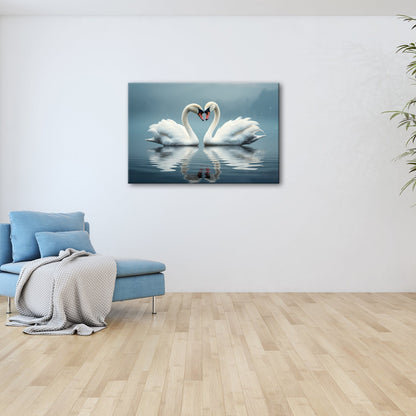 Leinwandbild Zwei Schwäne spiegeln Liebe im stillen, blauen Morgen. - deyoli