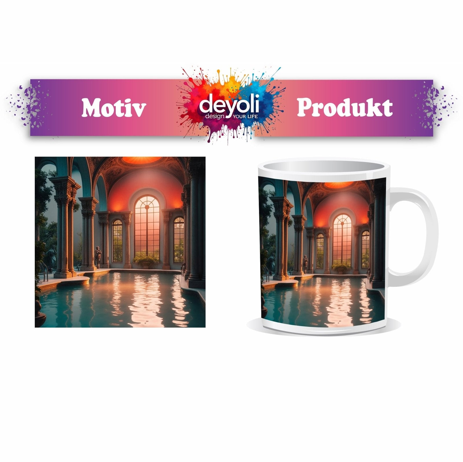 Motivtasse Abendlicht taucht das Badehaus in goldene Stille. - deyoli