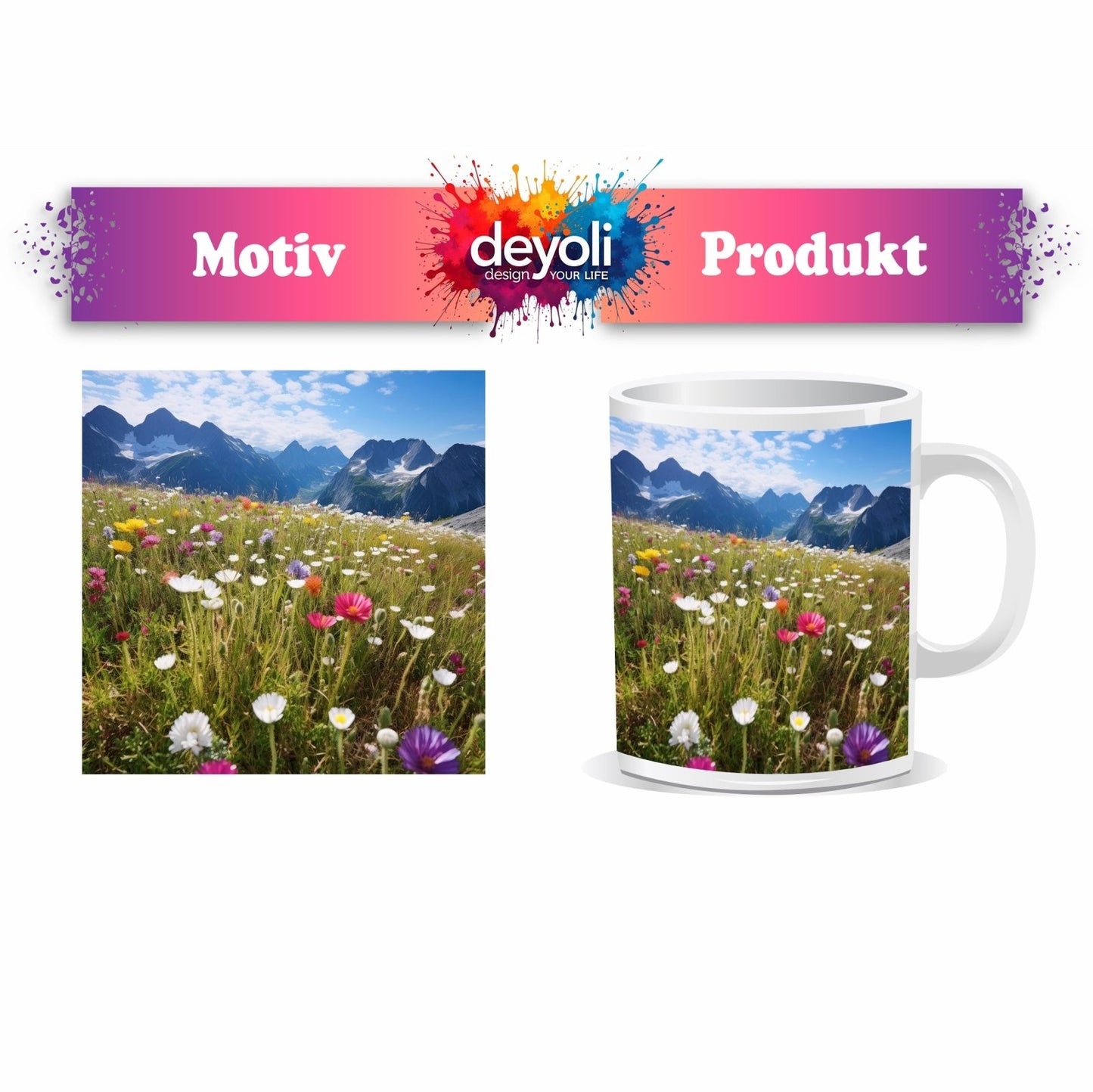 Motivtasse Alpenblumen erblühen stolz vor majestätischer Bergkulisse. - deyoli