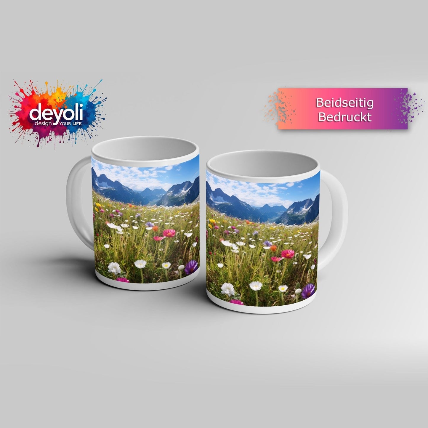 Motivtasse Alpenblumen erblühen stolz vor majestätischer Bergkulisse. - deyoli