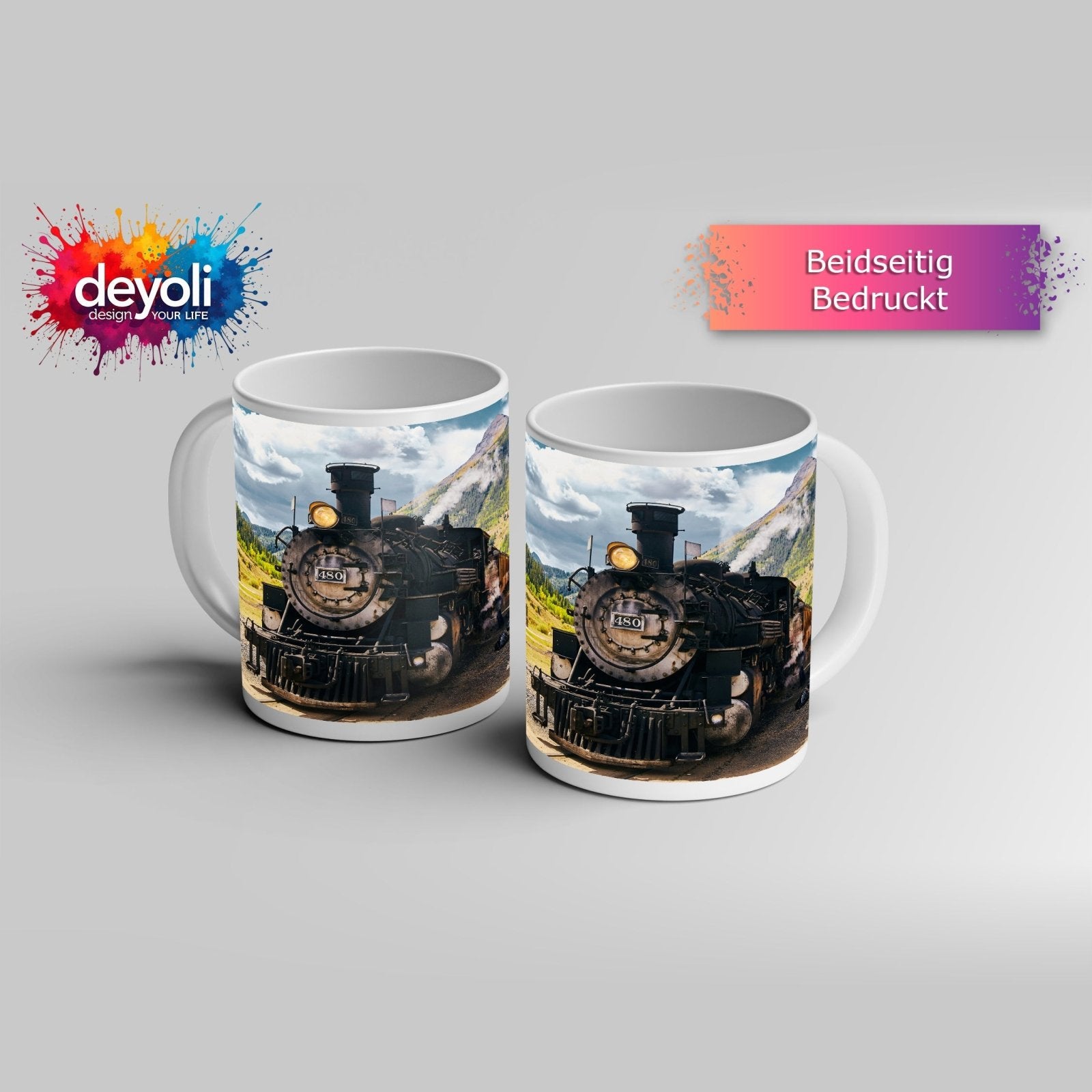 Motivtasse Alte Dampfkraft rollt stolz durch majestätische Berge. - deyoli