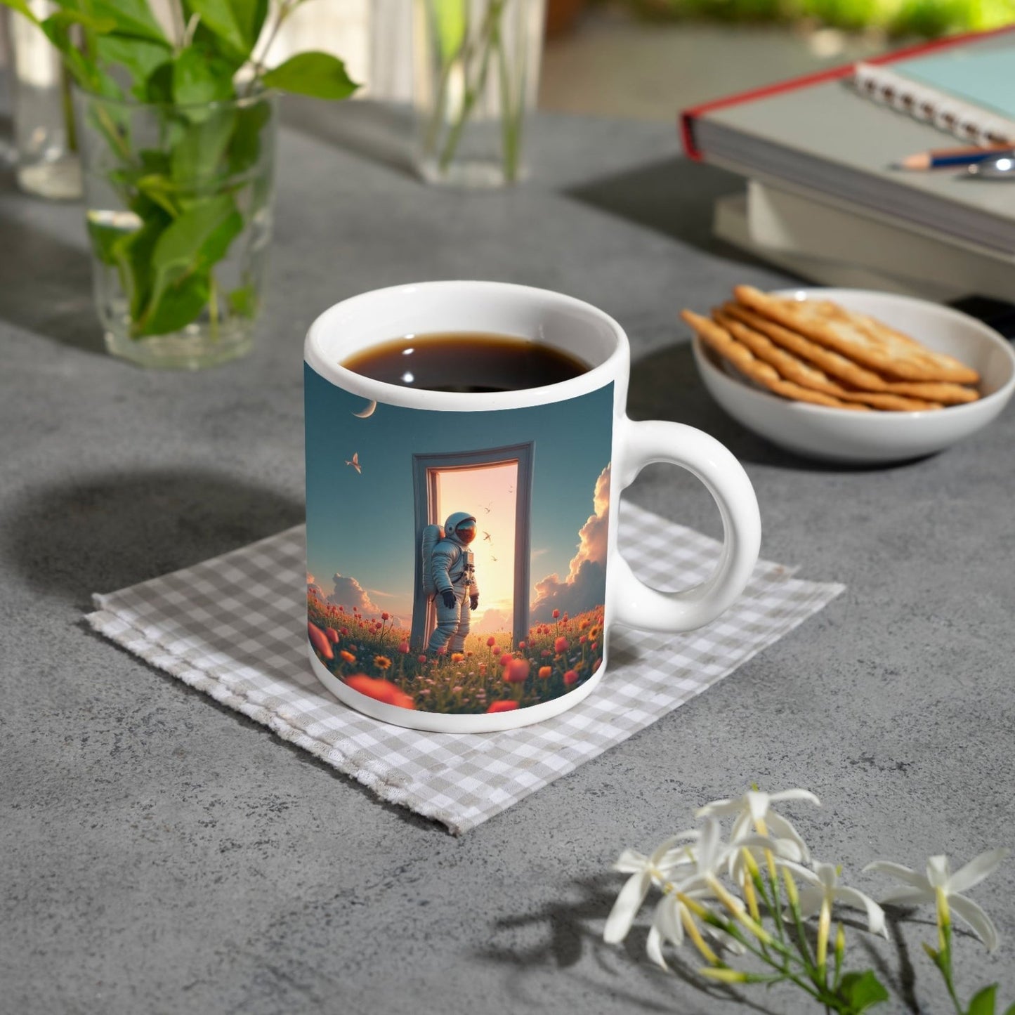 Motivtasse Astronaut tritt ein – zwischen Traum, Himmel und Tulpen. - deyoli